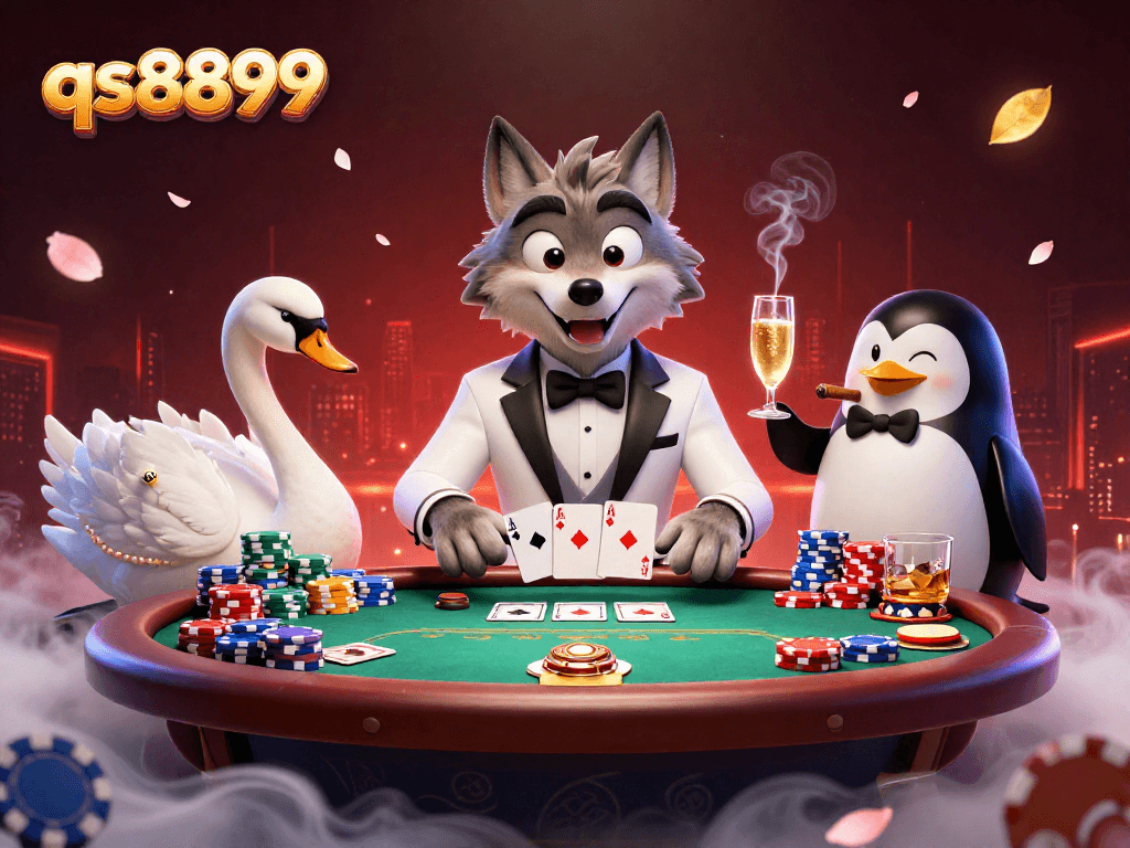 Experience excitement at qs8899 with a debonair wolf and elegant characters at a vibrant casino scene.