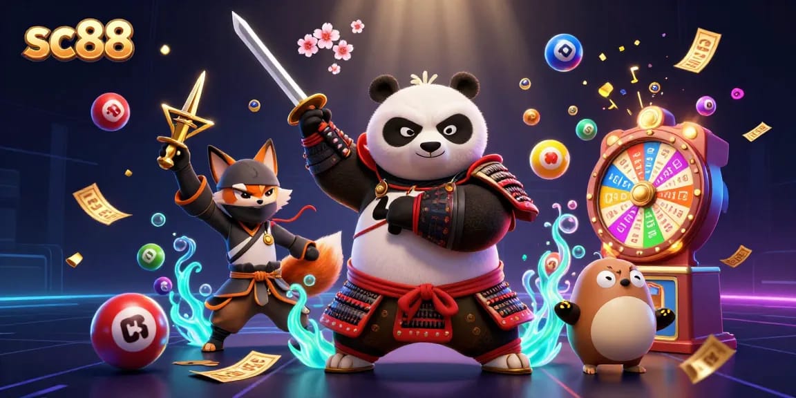 Experience excitement with sc88 as a fierce samurai panda and ninja fox throw shuriken while amidst lottery fun.