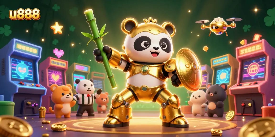 Engage with thrilling u888 casino adventures featuring vibrant gaming elements and a dynamic panda piloting a robot.
