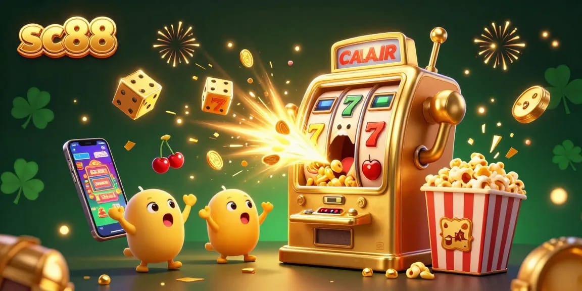 Experience thrilling wins with sc88's golden slot machine hitting jackpots, celebrating with gold coins and cheering companions.