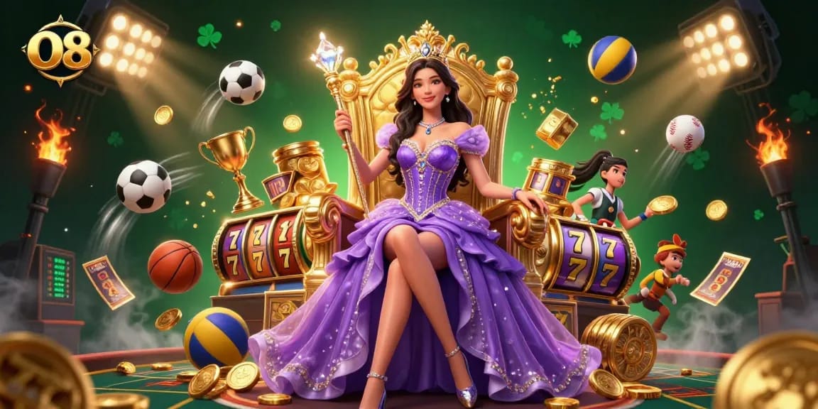 Experience the thrilling world of O8 with a regal princess at a vibrant casino, surrounded by dynamic gaming elements.