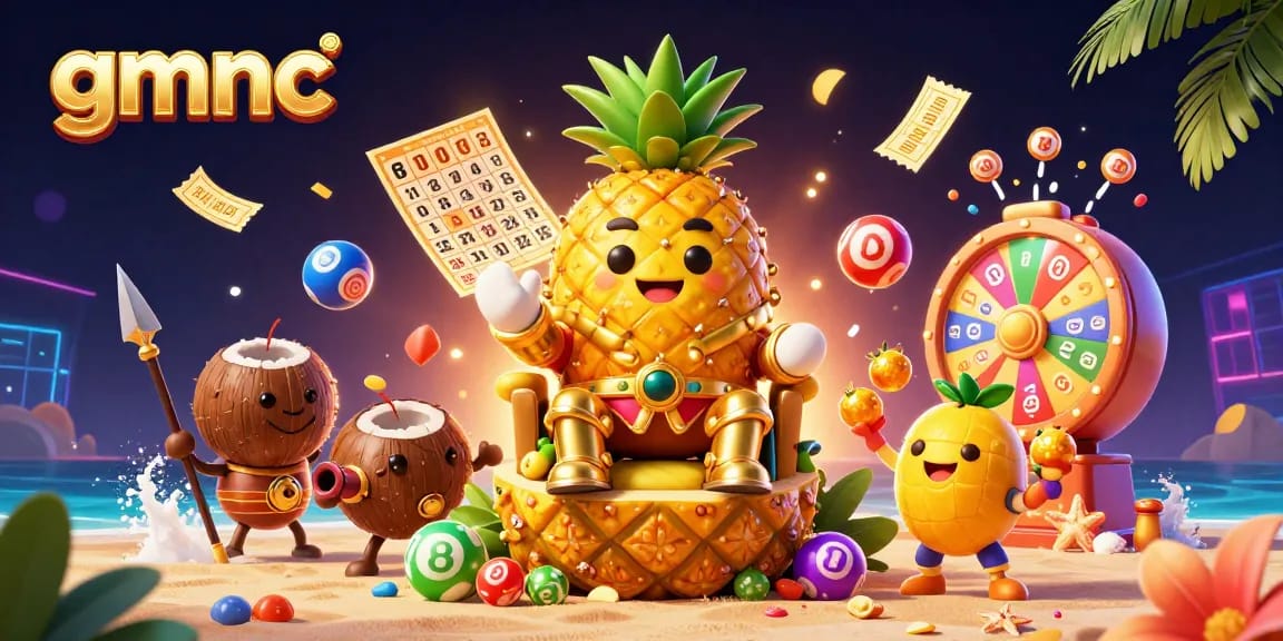 Experience the vibrant casino world with gmnc, featuring a golden pineapple king and dynamic gaming elements.