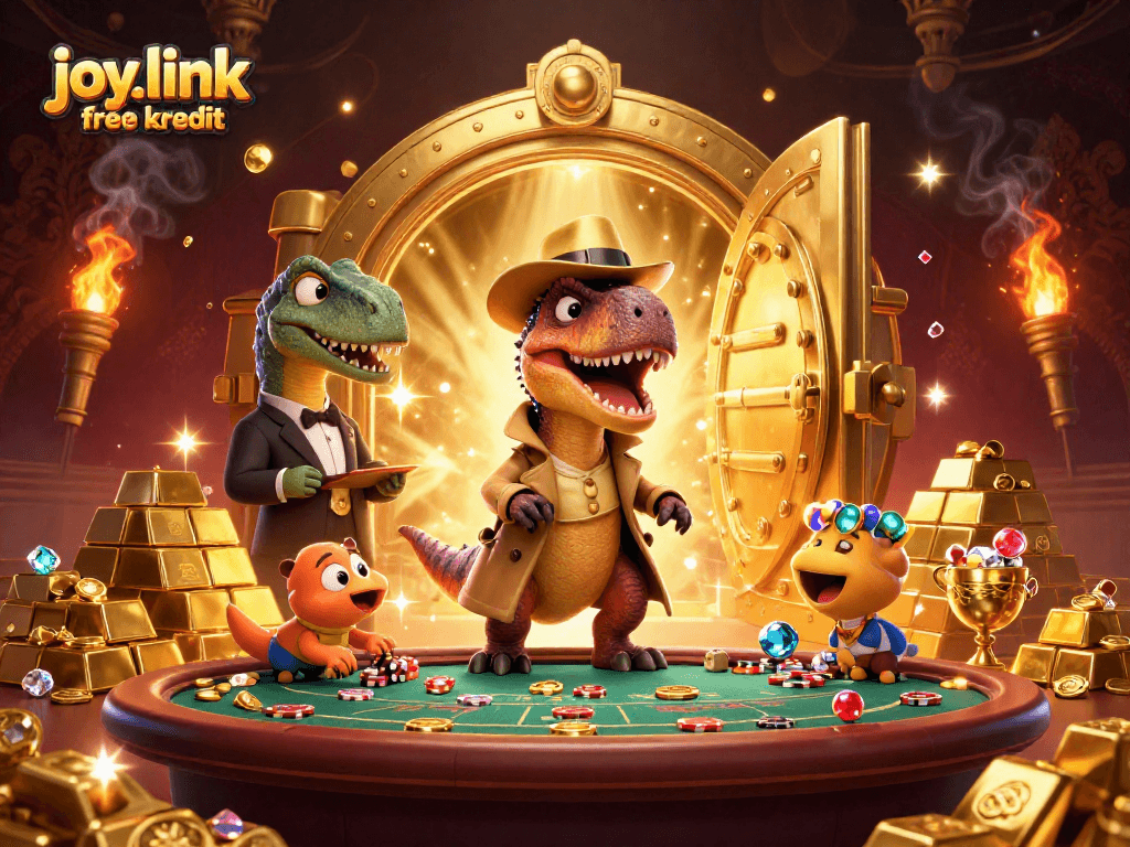 Exciting scene at joy.link free kredit blackjack table with dino characters and treasures