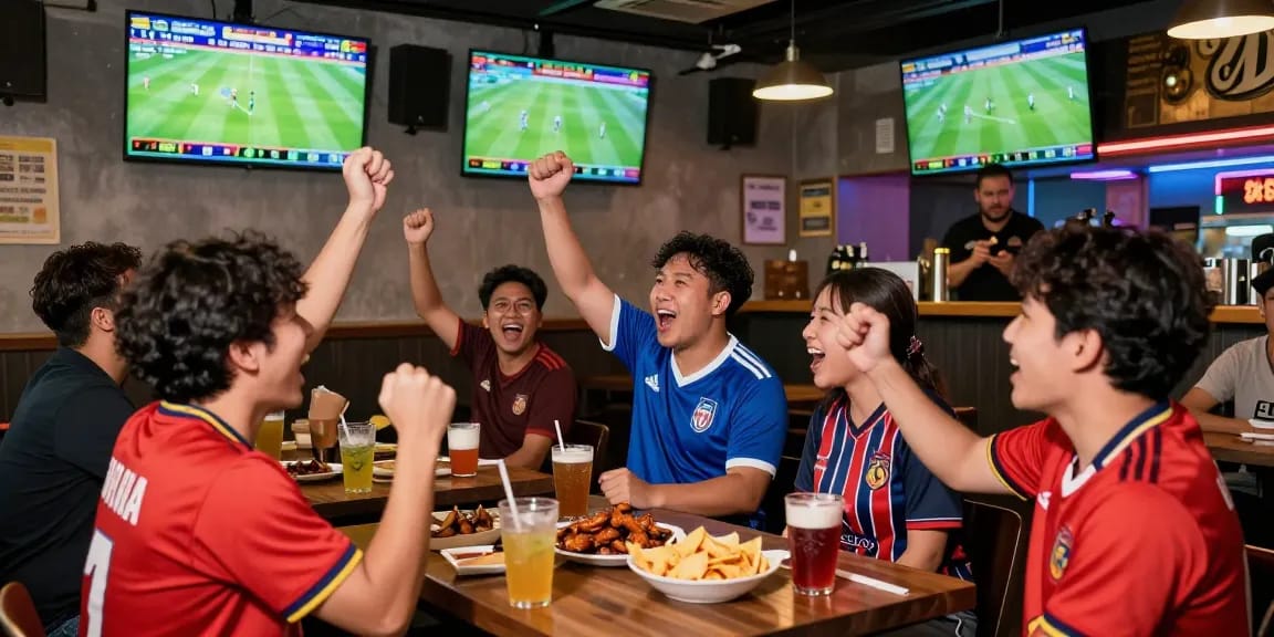 Football betting Malaysia scene in a sports bar with fans cheering for their teams during an exciting match.