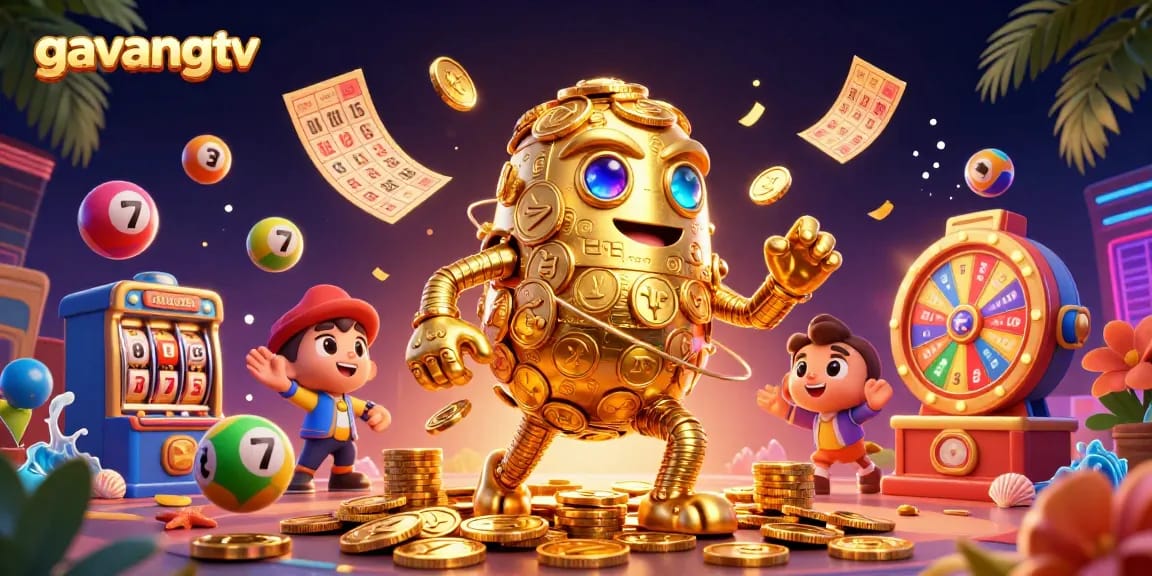 Engage with gavangtv's thrilling casino experience featuring a golden golem and vibrant lottery elements.