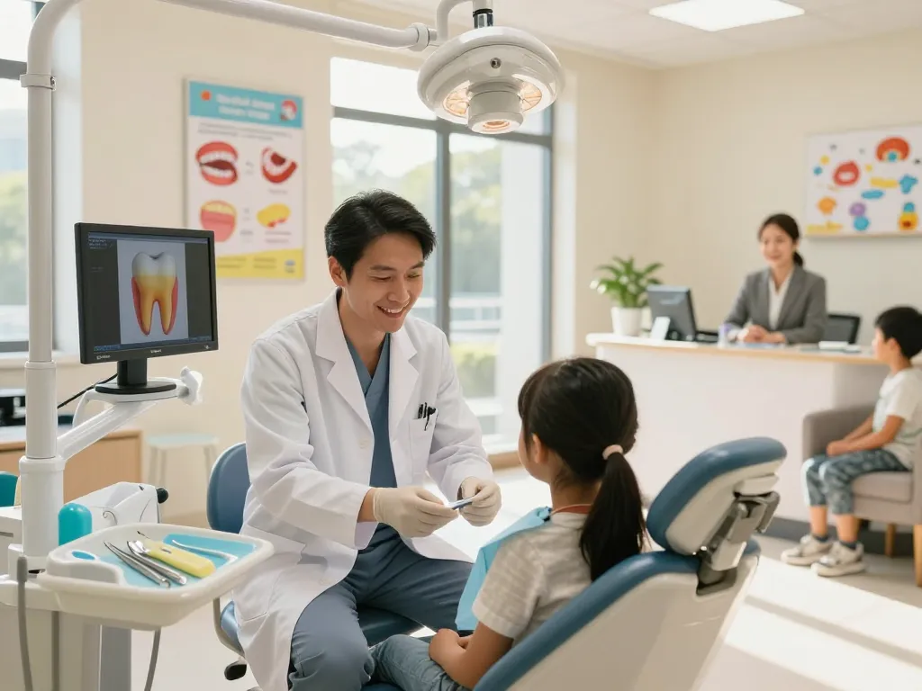 Welcoming dental clinic scene showcasing a friendly dentist, perfect for searching dental clinic near me