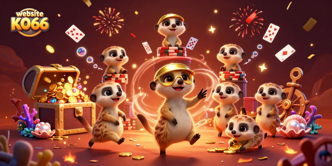 Engage with the website KO66 at a vibrant casino scene with meerkat dealers, cards, and gold coins.