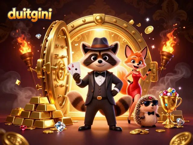 Experience the excitement of duitgini; the raccoon shows a royal flush surrounded by treasures and gems.