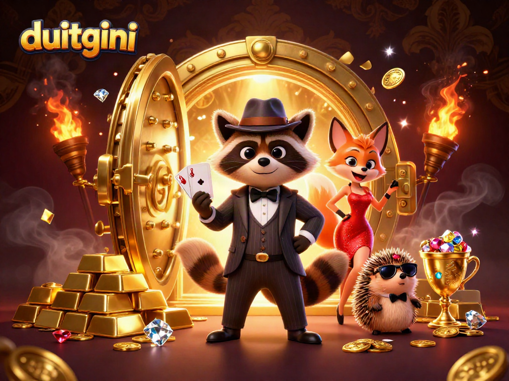 Experience the excitement of duitgini; the raccoon shows a royal flush surrounded by treasures and gems.