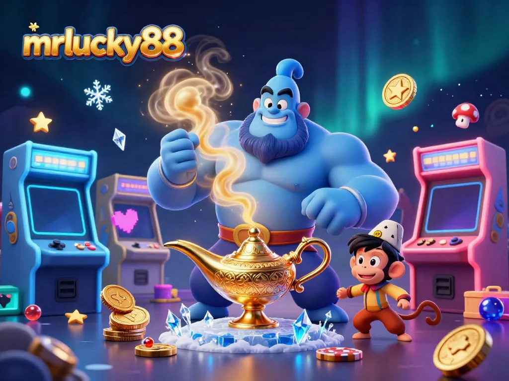 Join in the excitement at mrlucky88 with a fun-filled 3D scene featuring a genie and playful elements.