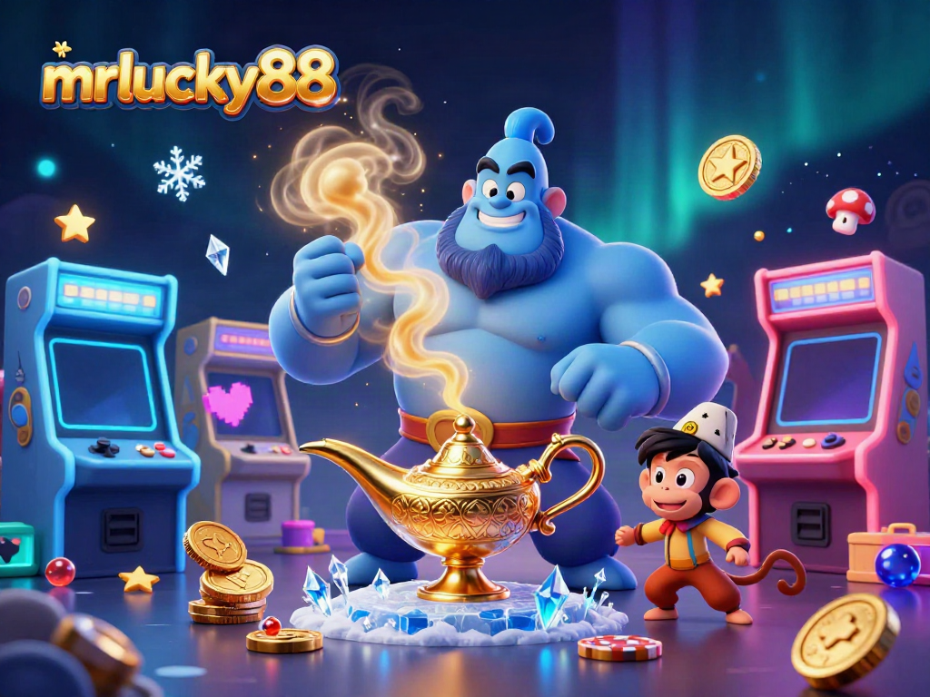 Join in the excitement at mrlucky88 with a fun-filled 3D scene featuring a genie and playful elements.