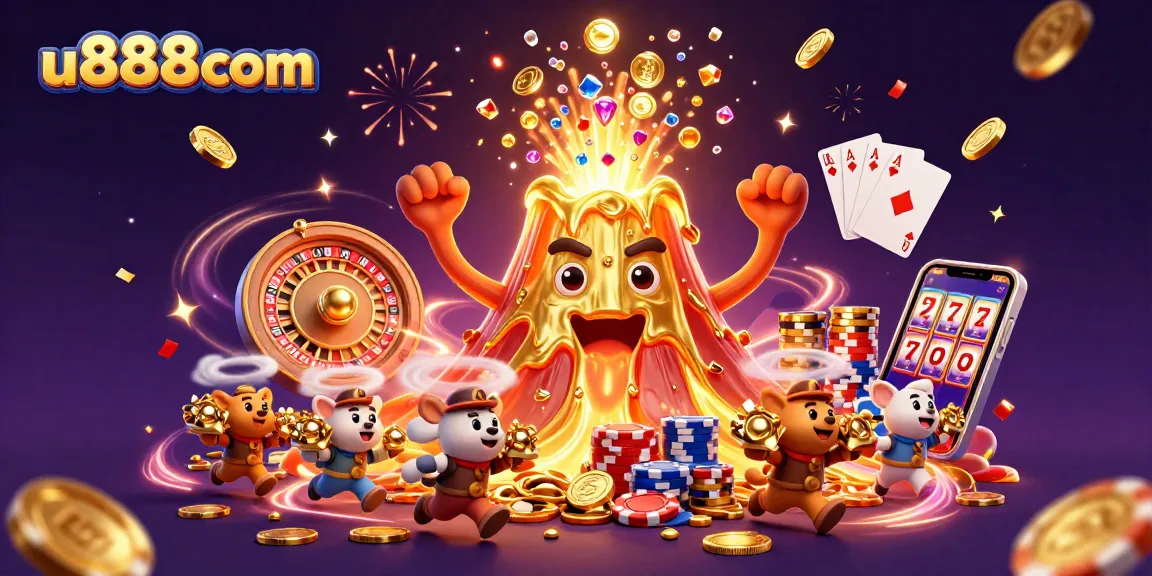 Experience thrilling wins at u888com with an illustration of a golden volcano erupting treasure and vibrant casino elements.