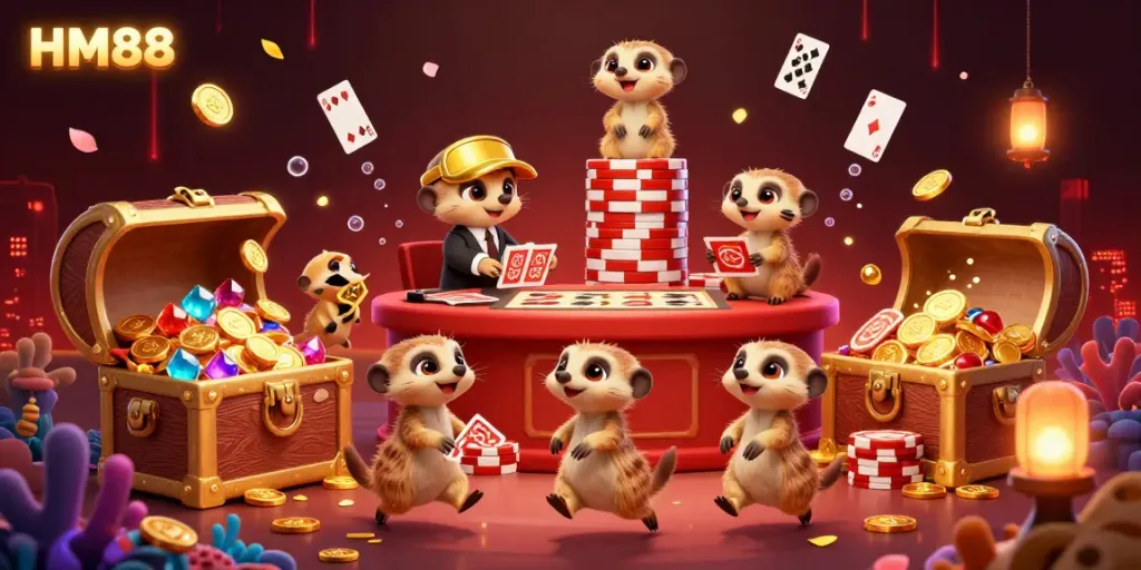 Meerkats running an elaborate casino operation at HM88, showcasing vibrant games and rich visuals.