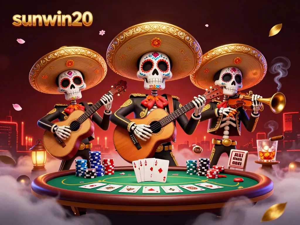 Engage in exciting poker games with sunwin20 as skeleton mariachi musicians enhance the festive atmosphere.