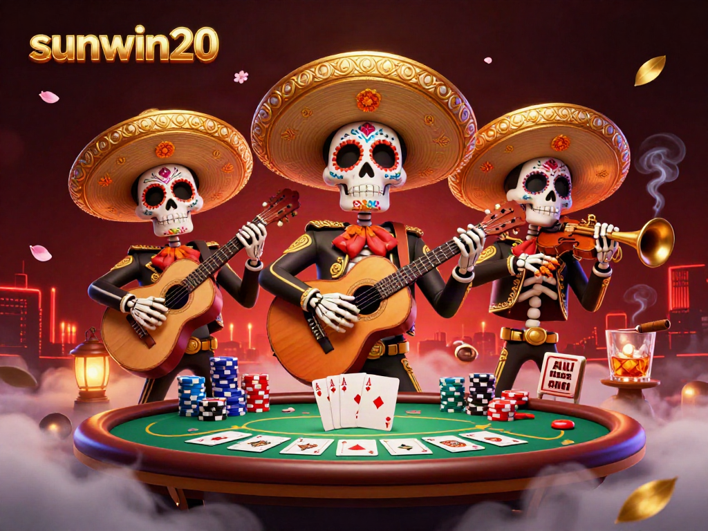 Engage in exciting poker games with sunwin20 as skeleton mariachi musicians enhance the festive atmosphere.