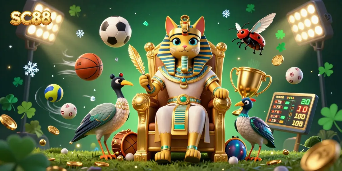 SC88 casino promotion featuring a dynamic scene of a pharaoh cat and sports elements in vibrant 3D illustration.