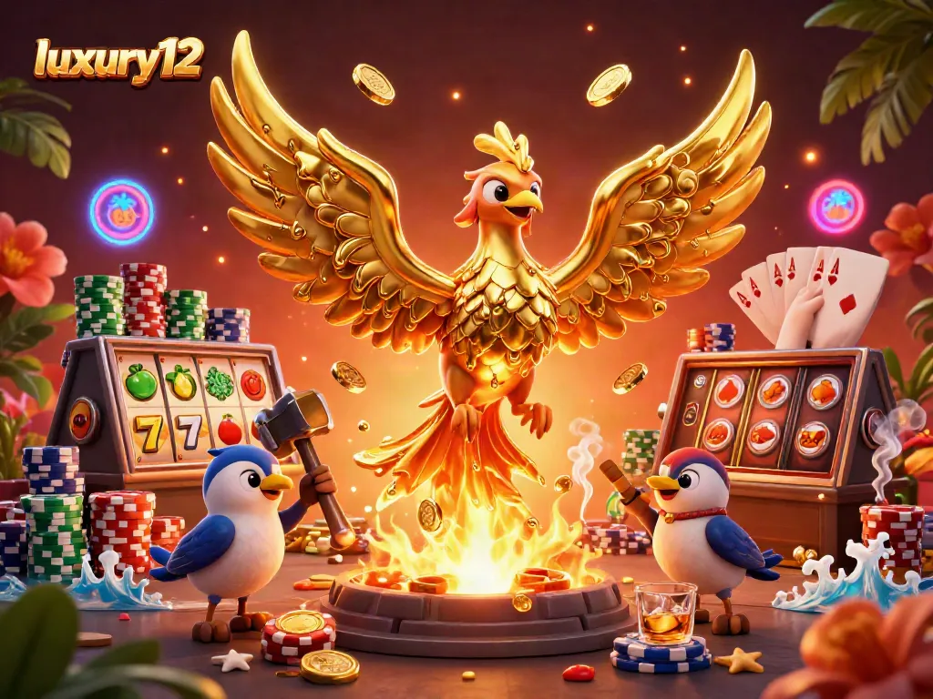Experience winning strategies with luxury12 in an immersive casino scene featuring dynamic slot reels and poker elements.