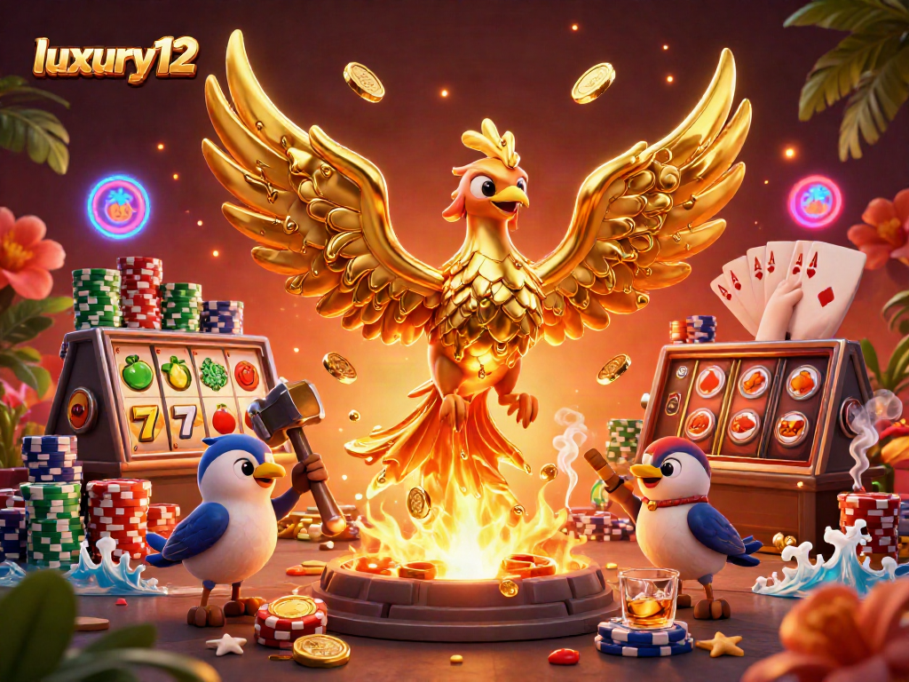 Experience winning strategies with luxury12 in an immersive casino scene featuring dynamic slot reels and poker elements.