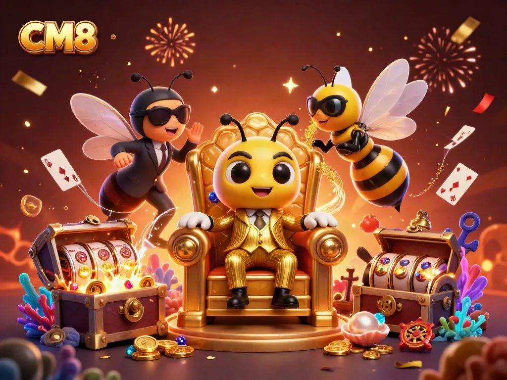Engaging CM8 casino illustration showing a lively bee mob boss overseeing a vibrant gaming scene.