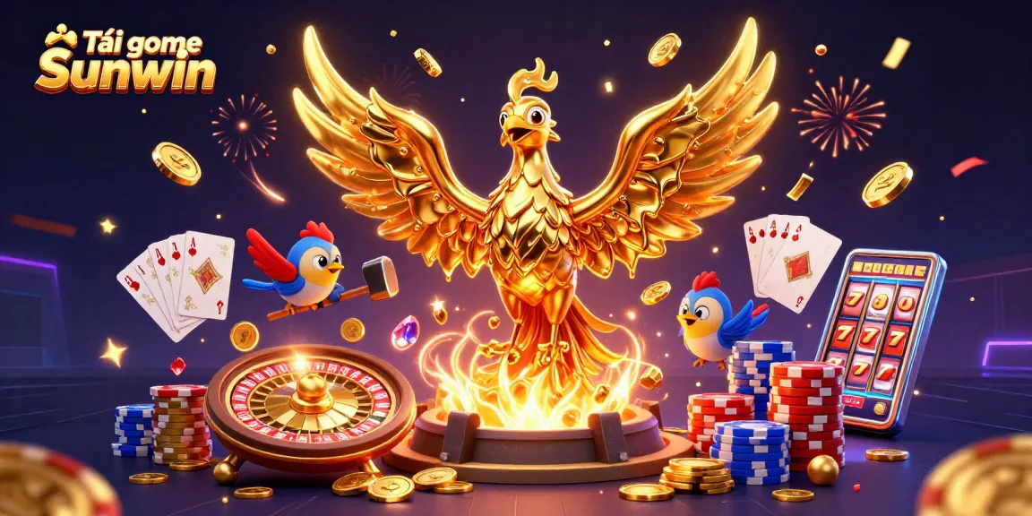 Win with Tải game Sunwin in this vibrant 3D casino scene showcasing golden coins and lively game elements.