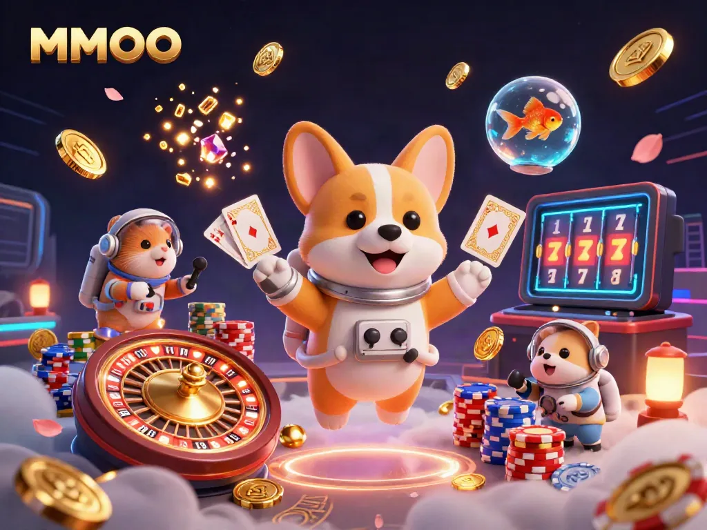 Experience the excitement of MMOO with 3D casino elements, including animated corgi and poker chips.