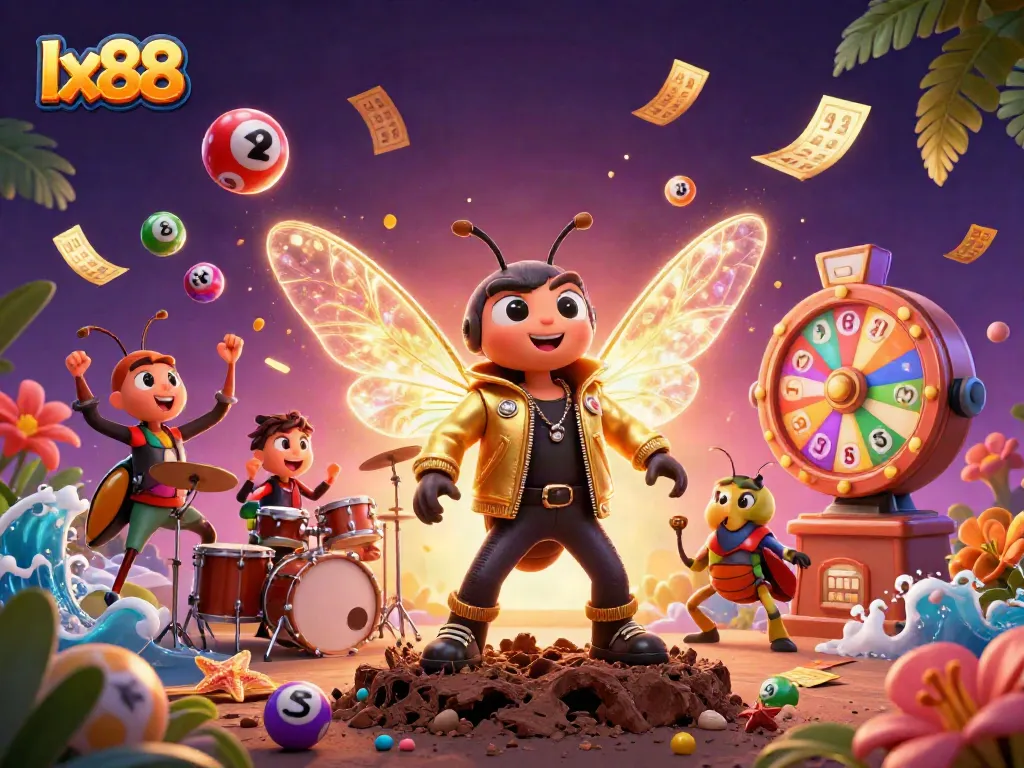 Experience the excitement of lx88 with a cicada rock star and vibrant lottery elements in a lively casino scene.