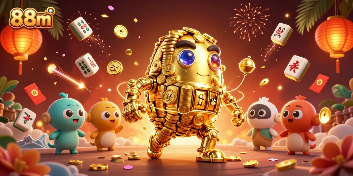 Engage with 88m's vibrant casino scene featuring a golden golem amidst gambling elements.