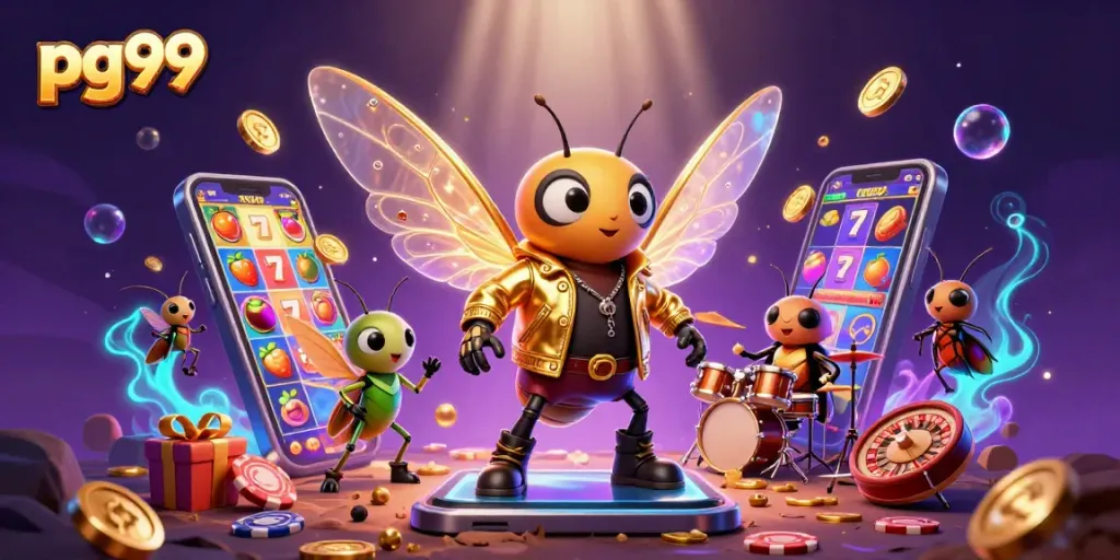 Play exciting slot games with pg99 featuring vibrant characters and dynamic action in a cartoon setting.