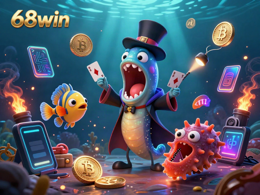68win showcases a deep-sea magic act with fishing characters performing enchanting card tricks under neon blockchain effects.