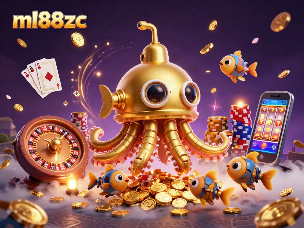 Engage with ml88zc in a vibrant casino world featuring a golden kraken submarine amidst cascading coins.