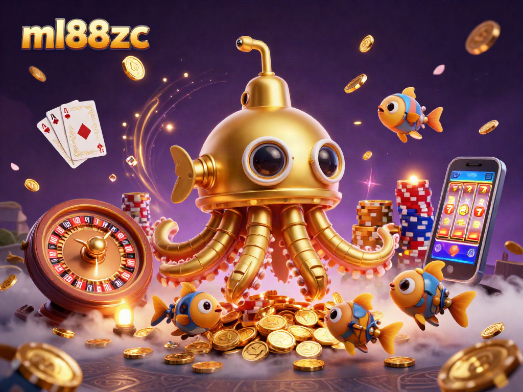 Engage with ml88zc in a vibrant casino world featuring a golden kraken submarine amidst cascading coins.