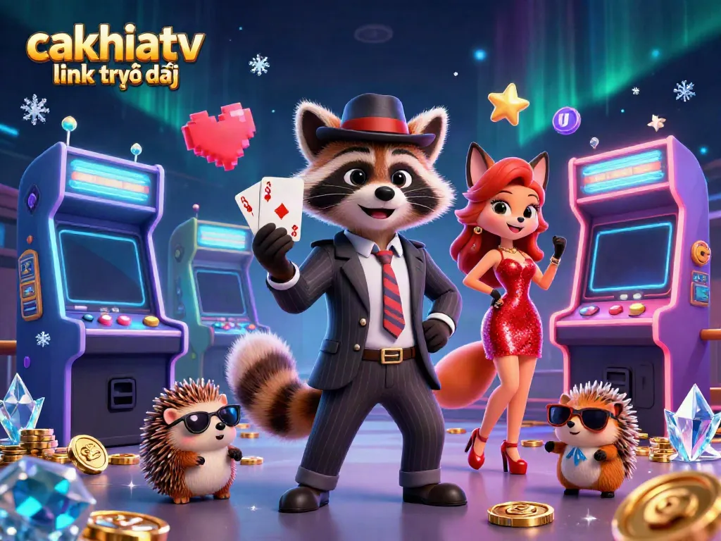Experience the thrill of cakhiatv link trực tiếp with a raccoon holding a royal flush, showcasing vibrant gaming elements.