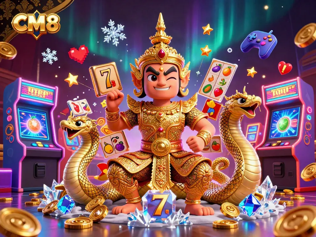 Spin exciting slot reels with CM8 in a dynamic 3D casino illustration featuring vibrant characters.