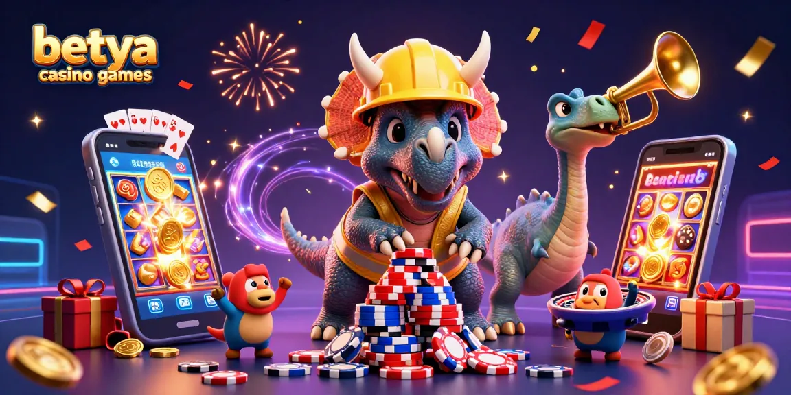 Betya casino games come alive as cartoon dinosaurs celebrate with poker chips and dynamic slot game elements.