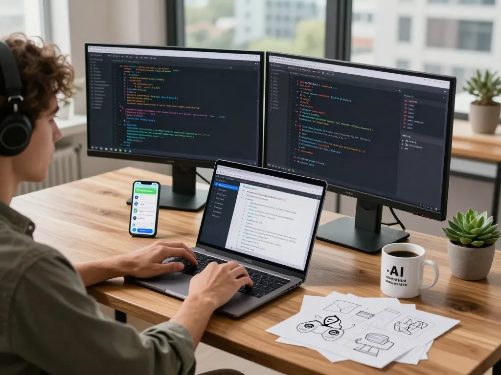 Developer using clawd bot on dual monitors in modern home office.