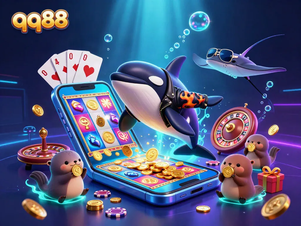 Win big with qq88 as a vibrant scene showcases a cartoon whale and sea otters amidst dynamic casino elements.