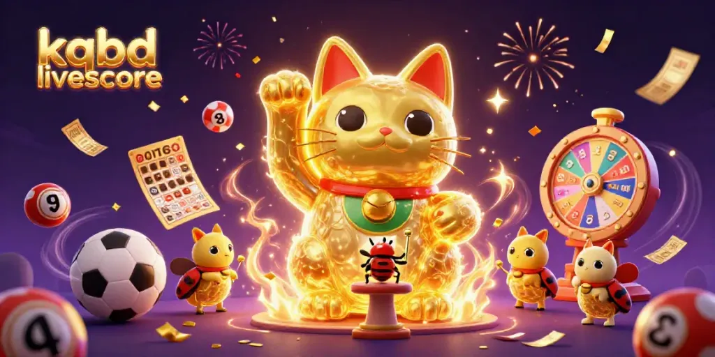 Engage with kqbd livescore as a golden lucky cat made of fireflies interacts with vibrant casino and football elements.