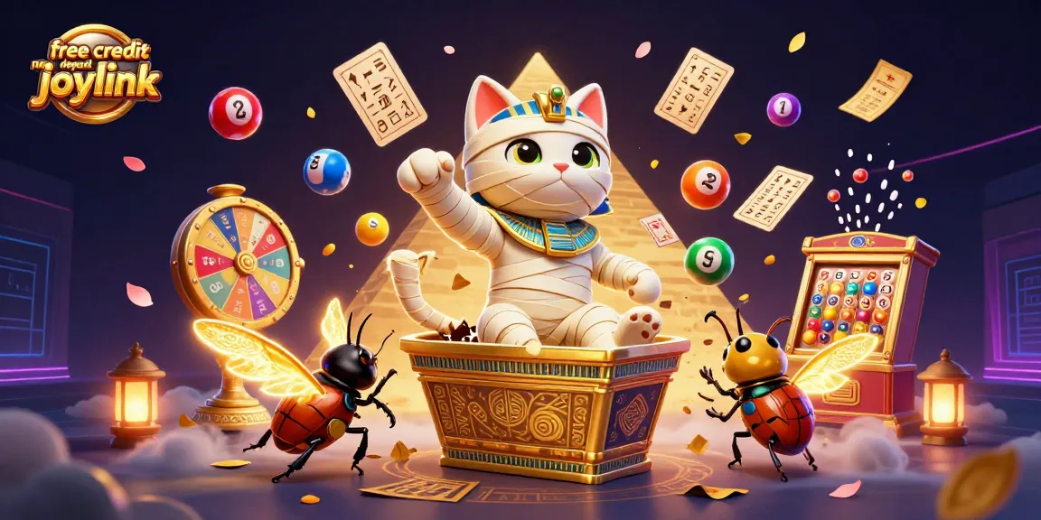 Spin and win with free credit no deposit joylink at our dynamic casino scene featuring a mummy cat and vibrant prizes.