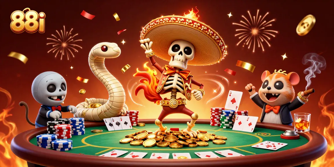 88i presents a lively scene with a mariachi rooster and a DJ hamster celebrating winnings at a poker table