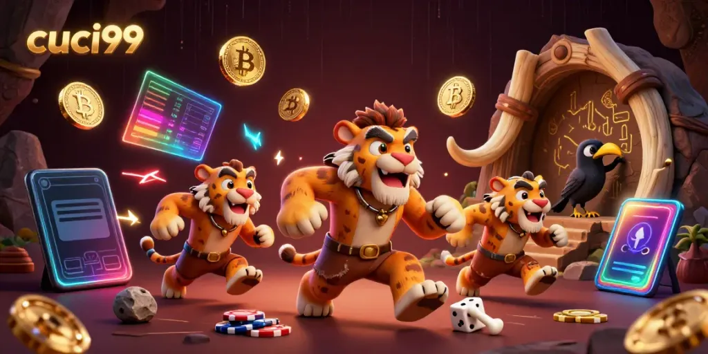 Experience thrilling gameplay at cuci99 with a dynamic prehistoric casino illustration featuring exciting characters and crypto elements.