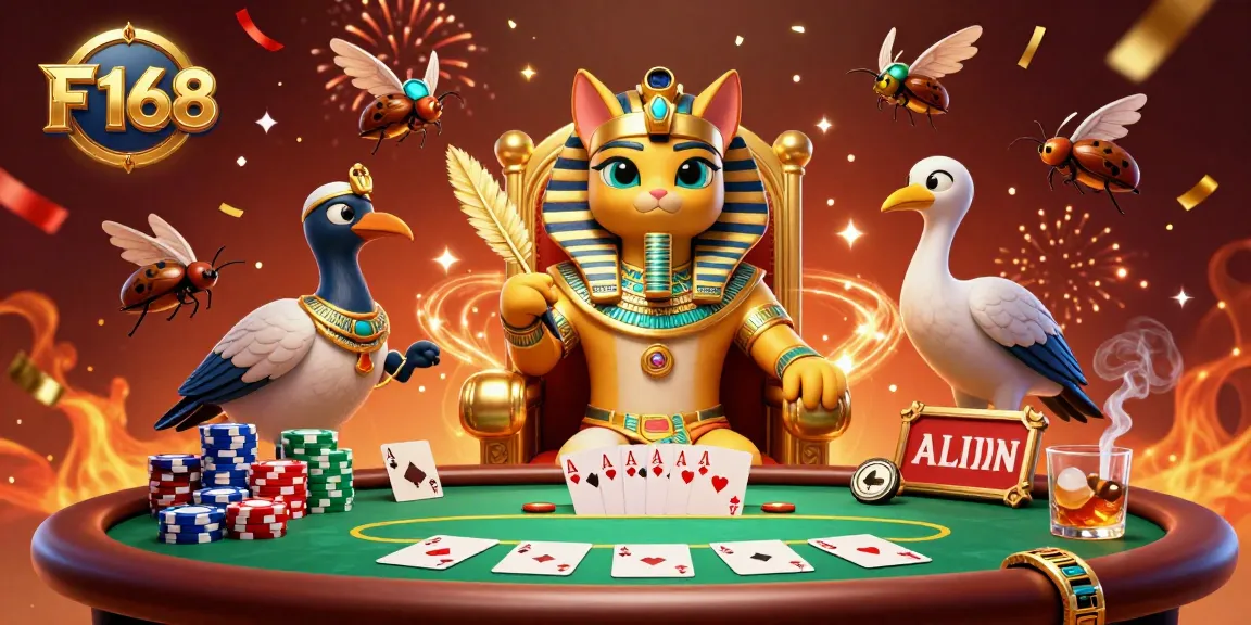 Experience the thrilling world of F 168 casino with a vibrant, dynamic scene featuring an Egyptian pharaoh cat and engaging poker elements.