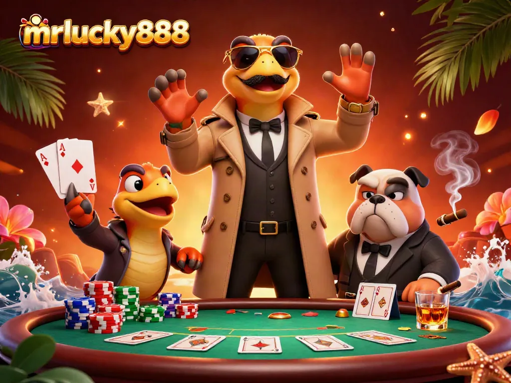 Engage with mrlucky888 in this vibrant casino scene showcasing clever raptors in disguise.