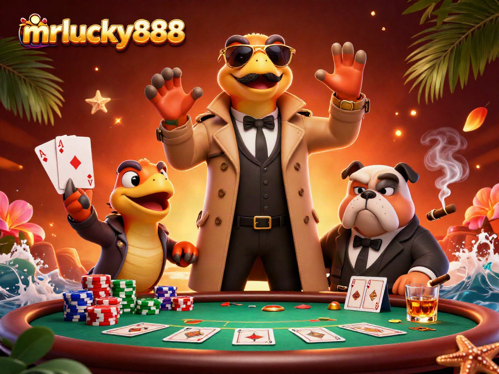 Engage with mrlucky888 in this vibrant casino scene showcasing clever raptors in disguise.