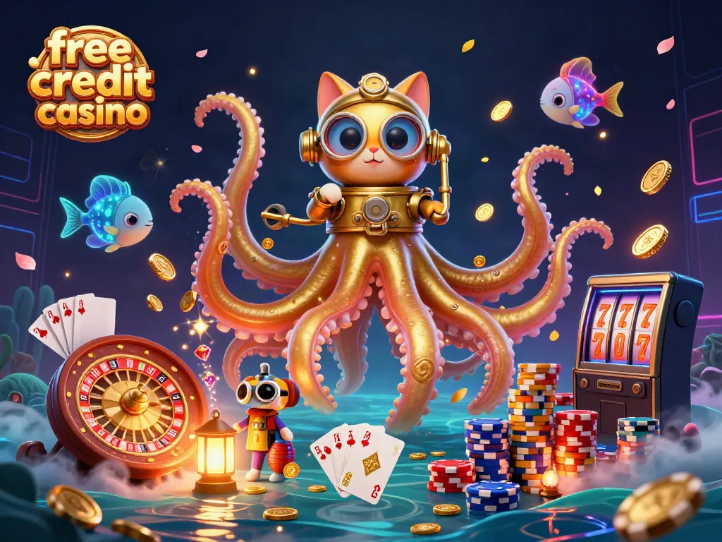 Experience the excitement of the free credit casino with a cartoon kraken and diving cat amidst vibrant casino elements.