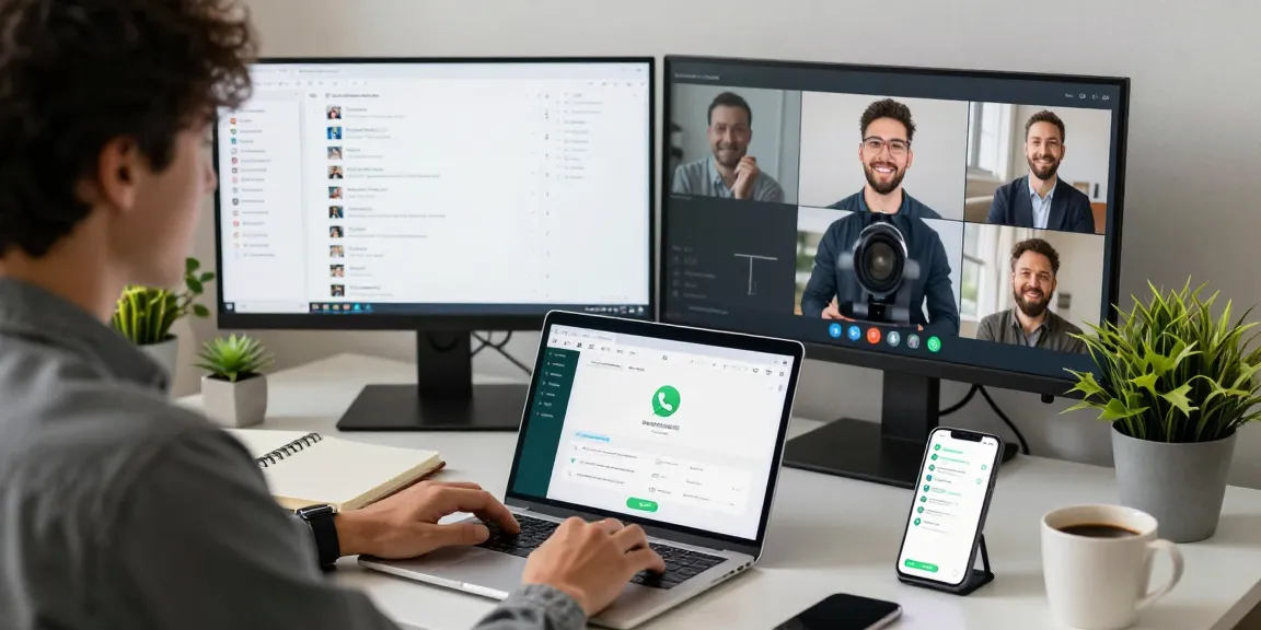 Dynamic workspace illustrating WhatsApp網頁版 use on laptop and smartphone in a modern office.