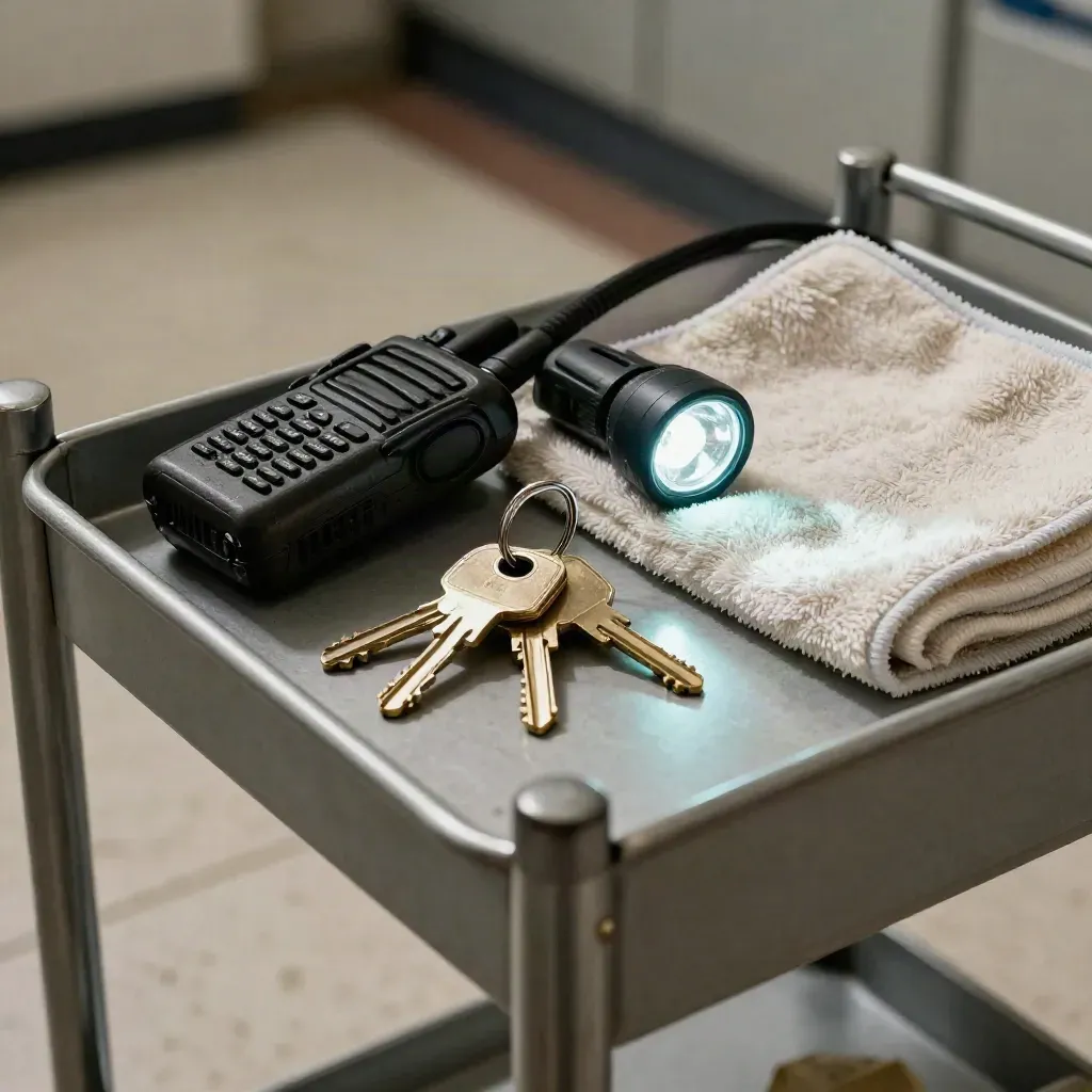 Tray kawalan penyelia dengan radio dua hala, cincin kunci, lampu kepala dan kain mikrofiber di troli servis.