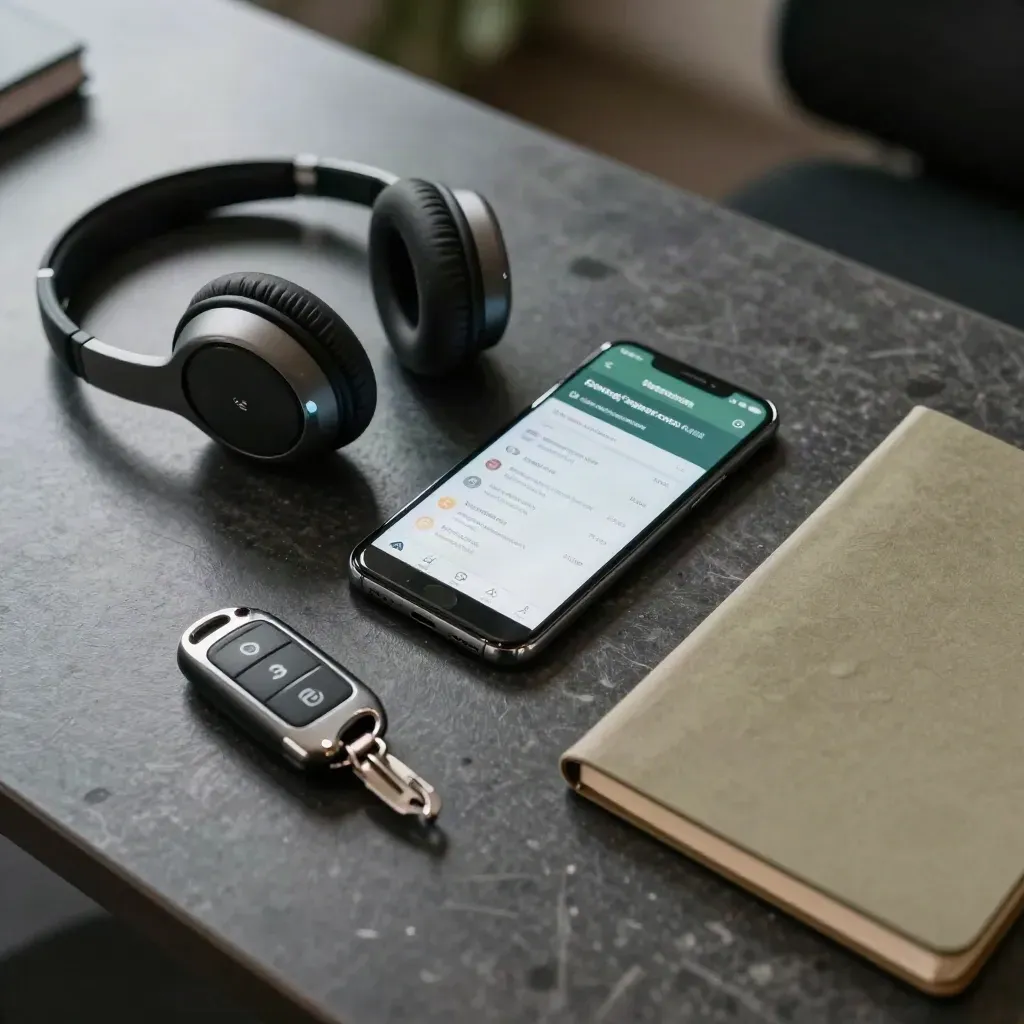 Kit tempahan di meja gelap: telefon, alat dengar, fob kunci kereta dan buku nota tertutup.