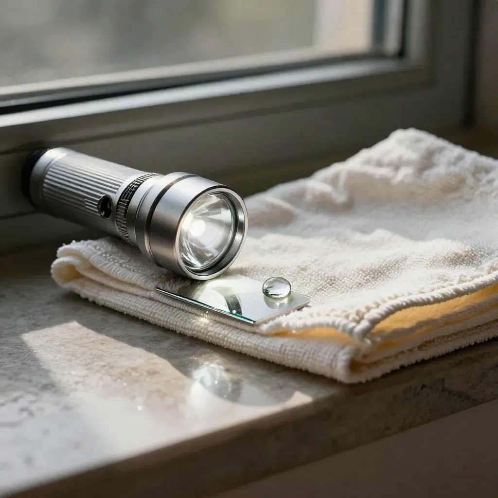 Lampu suluh pemeriksaan, kain mikrofiber, sampel krom dan titisan air di atas kaca