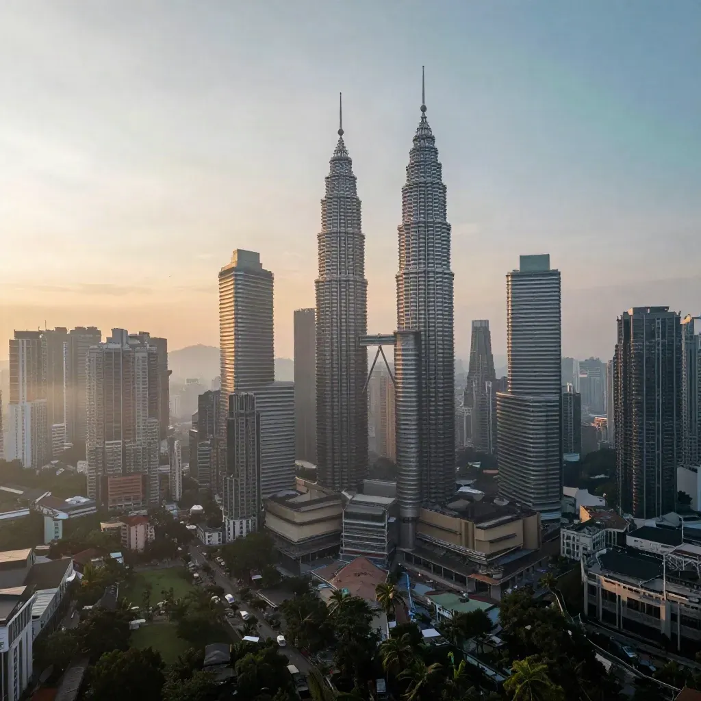 Siluet Kuala Lumpur dan Menara Petronas diselubungi jerebu pagi di atas bandar hijau lembut.