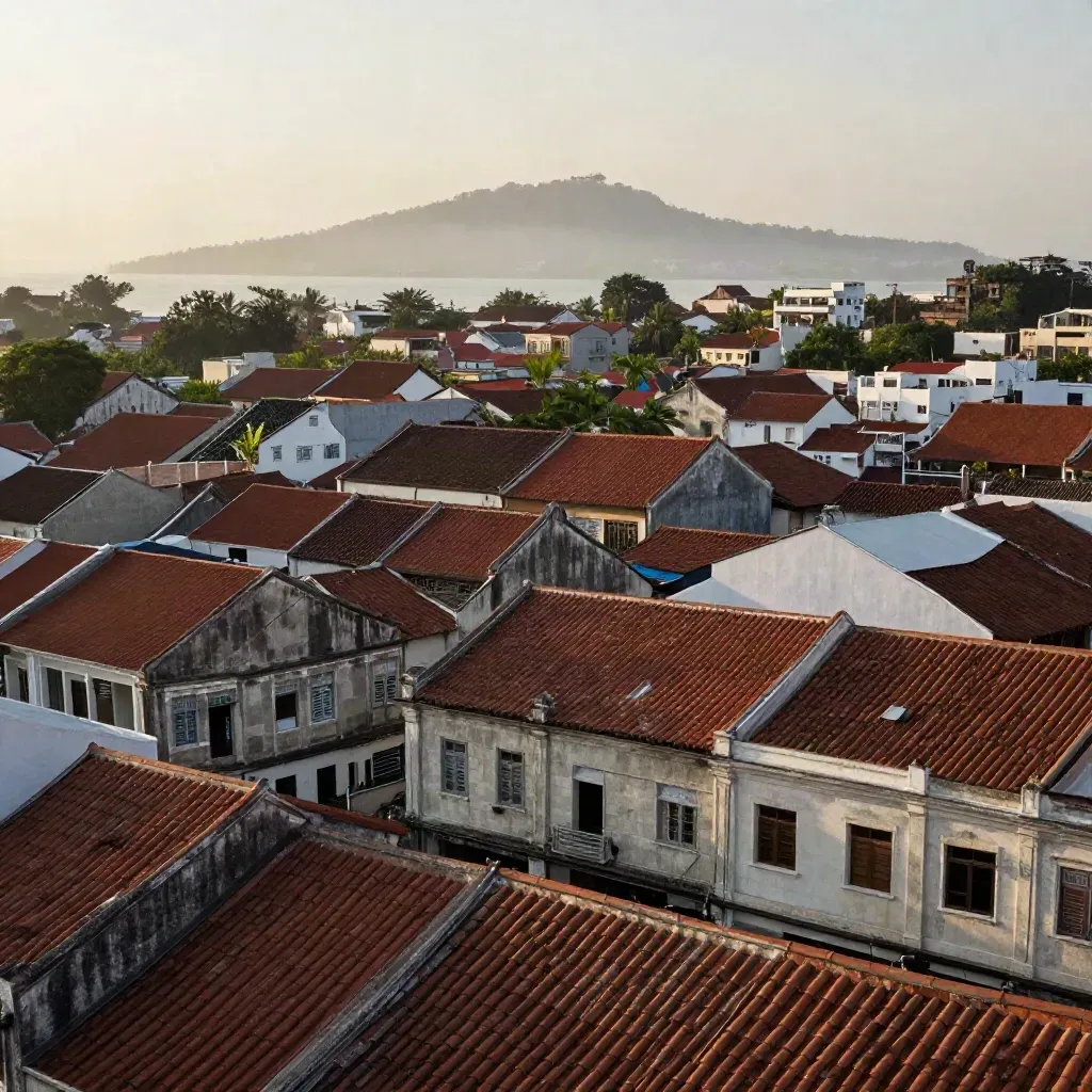 Pemandangan bumbung George Town berkabus dengan siluet Bukit Pinang di kejauhan.